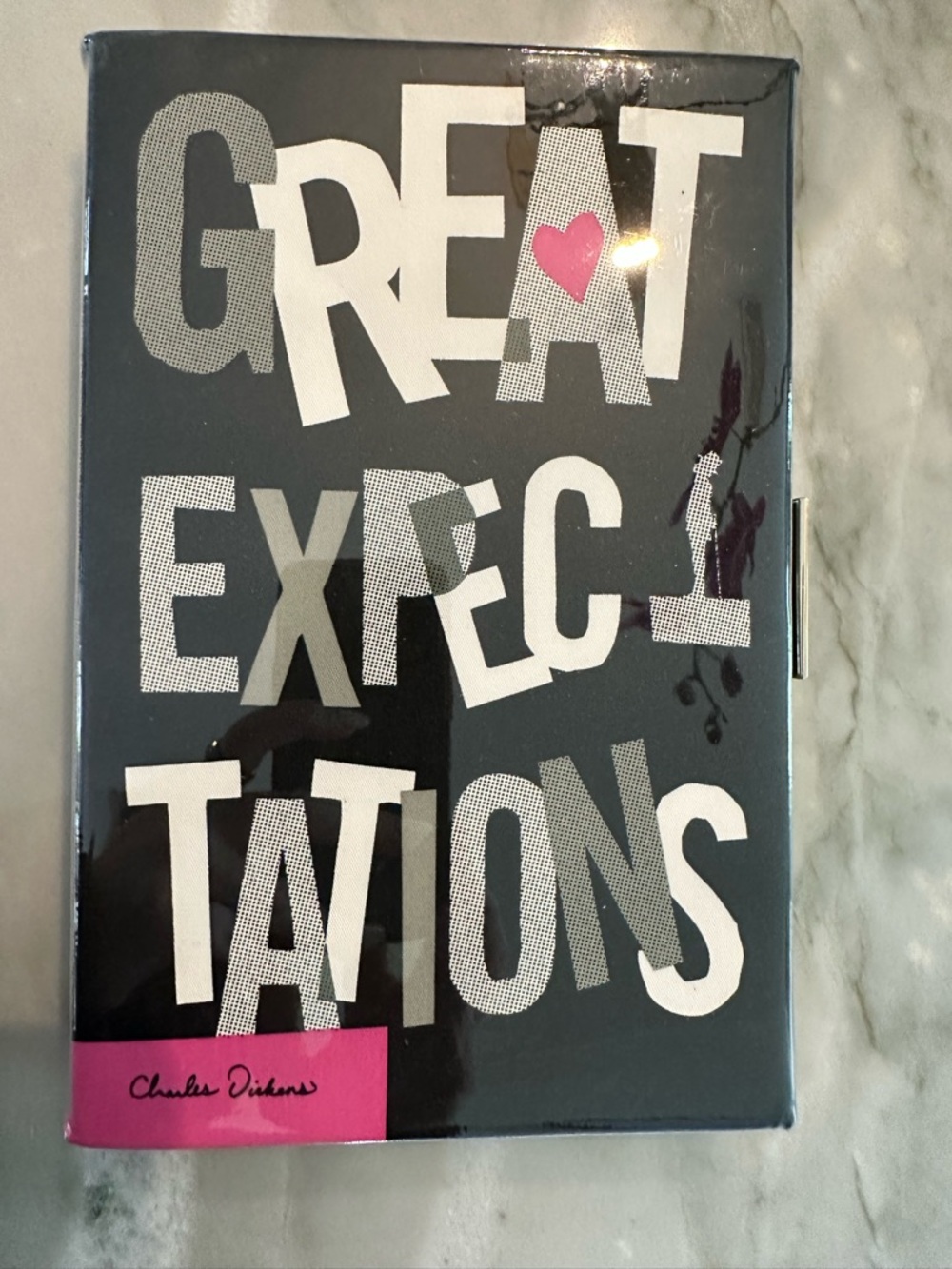 kate spade Black Clutch with White Lettering and Pink Accent